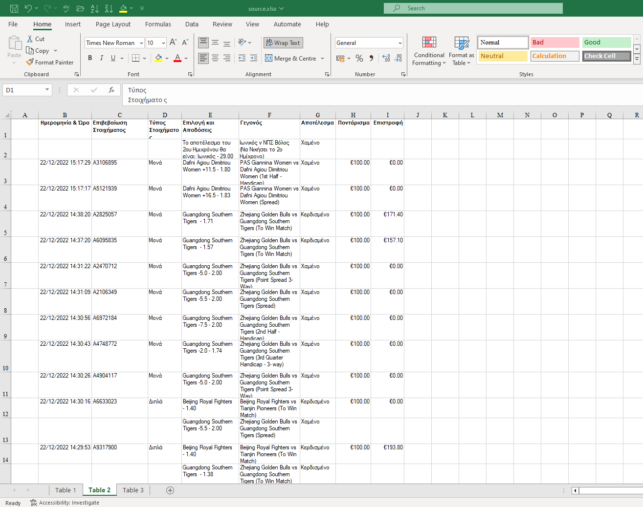 Raw betting data before processing, showing the unstructured source format